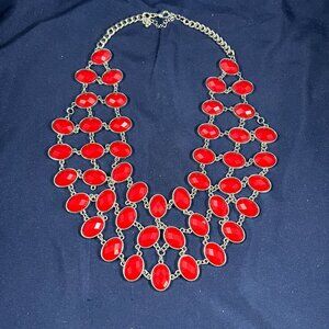 Silver Tone Red Faceted Statement Necklace Bold Fashion Jewelry Womens Accessori